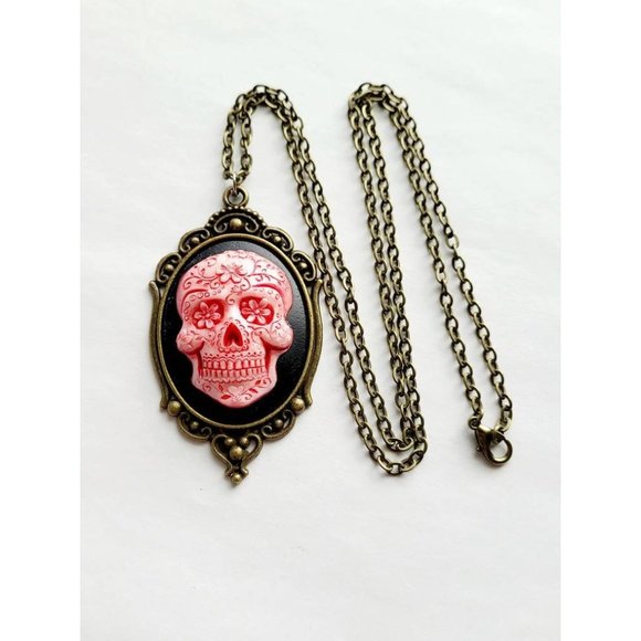 Bronze Red Metallic Sugar Skull Day of the Dead Gothic Rockabilly Cameo Necklace - Picture 2 of 4
